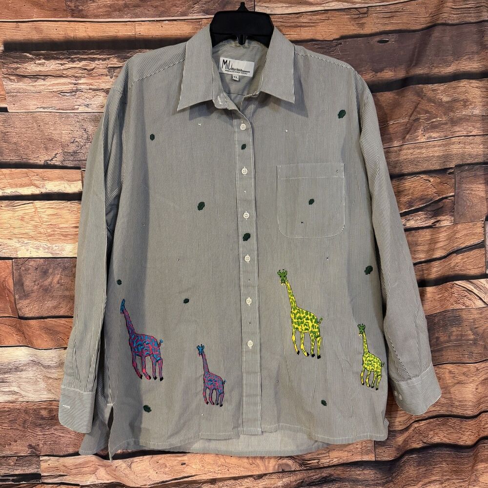 Mili Designs Women's XL Striped Button Up Shirt Giraffe Embroidery Sequin